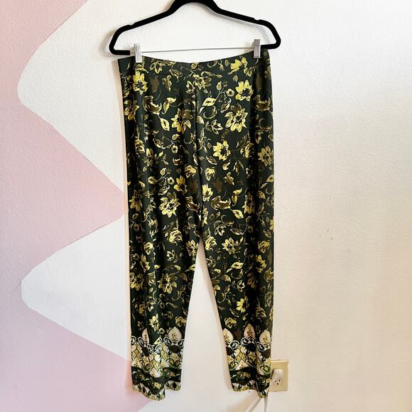 Susan Graver Green Floral Pants Liquid Knit Wide Leg Pull On Boho Coastal Medium - Picture 2 of 7